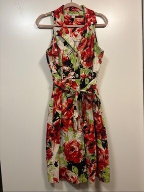 Vintage Jonathan Martin Red and Green Rose Floral Midi Shirt Dress 10